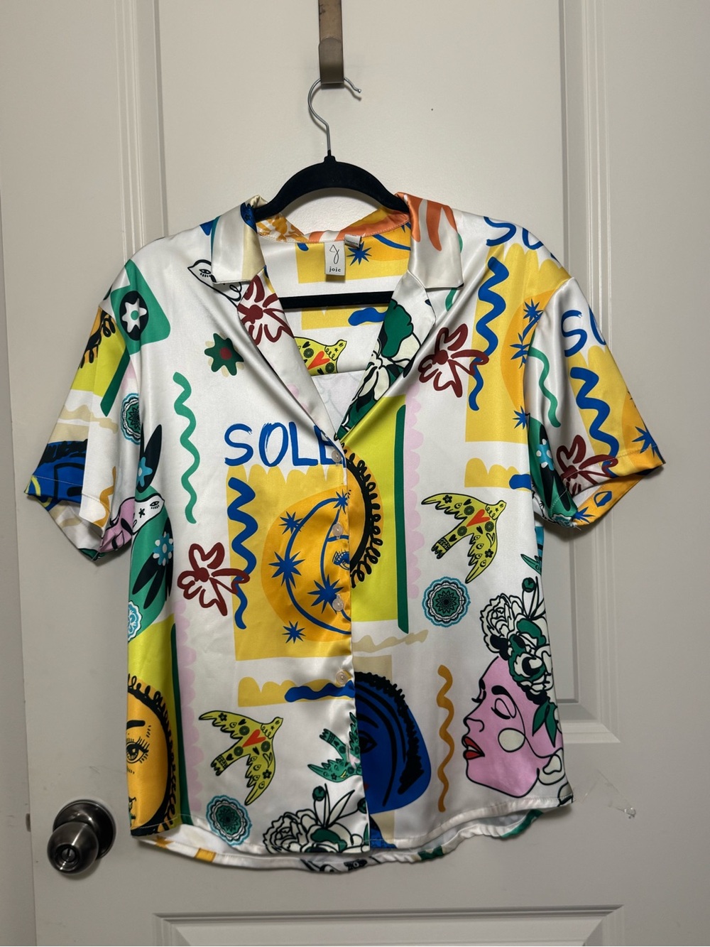 Joie Soleil Graffiti Satin Face Colorful Abstract Satin Button Front Size M